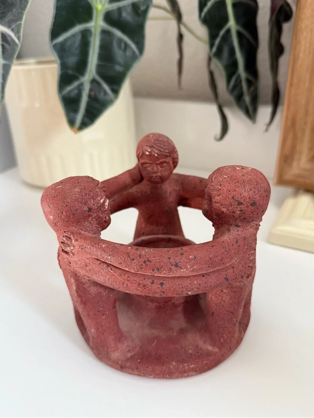 Vintage Red Terracotta Circle of Friends Three Figurine Candle Holder